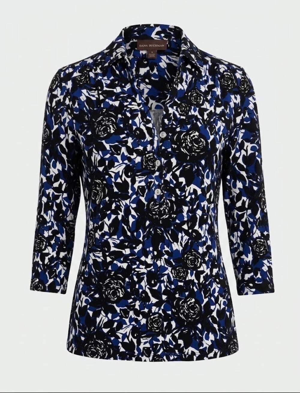 Dana Buchman Blue Black White Floral Rose Print Split Neck 3/4 Sleeve Top Small